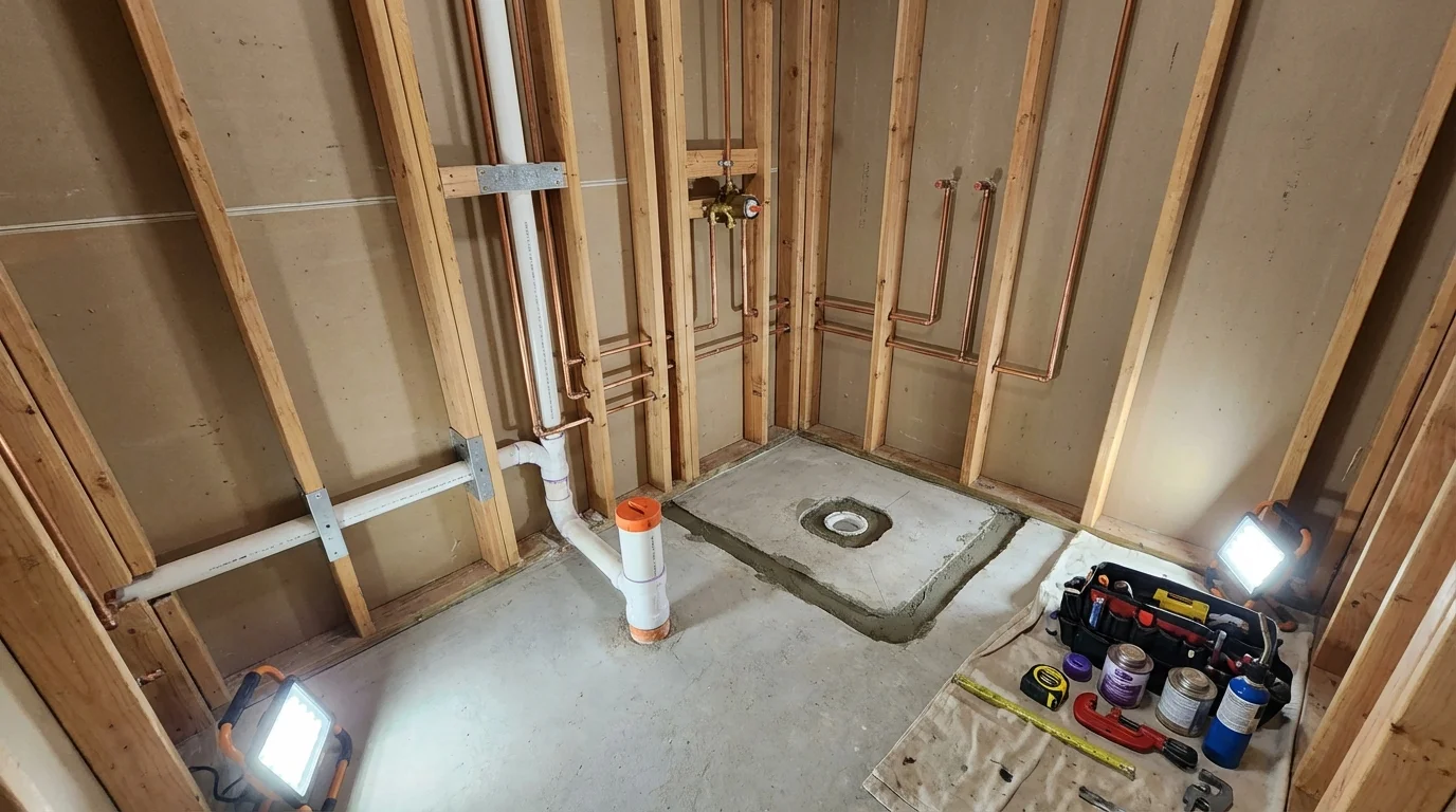 Bathroom rough-in plumbing during remodel by Johns Plumbing LLC in Grove City