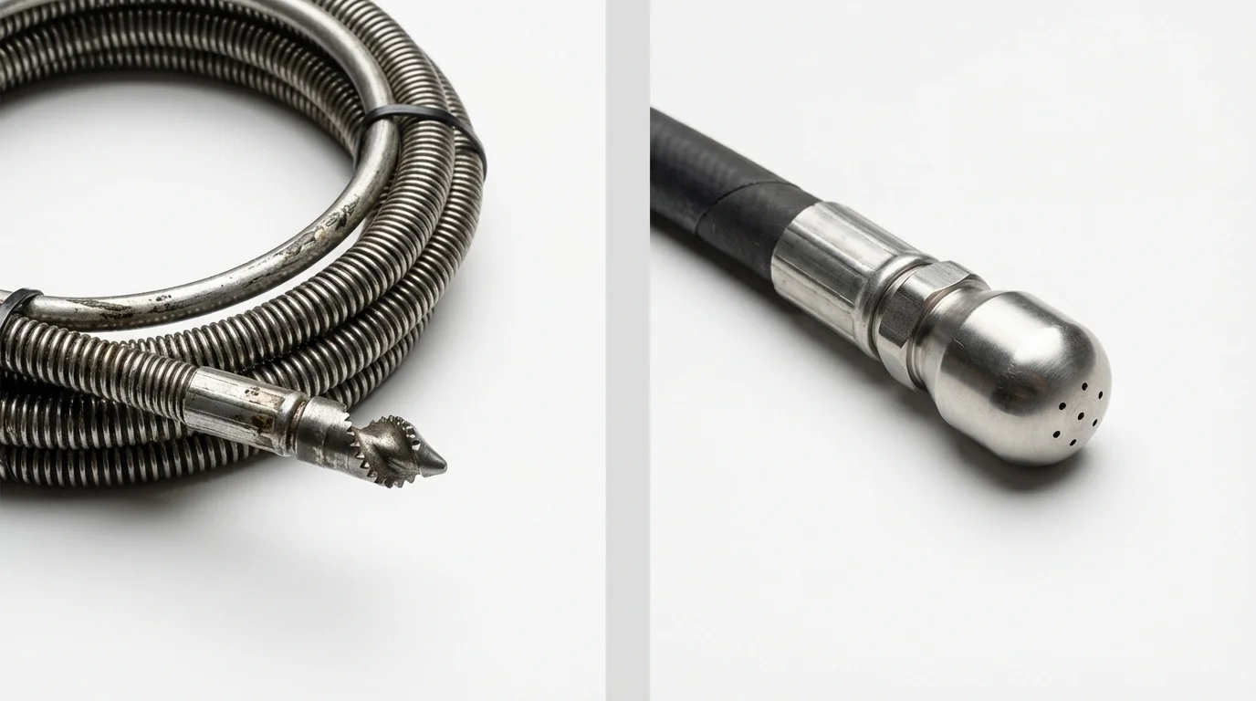Drain snake cable and hydro jetting nozzle used for drain cleaning in Grove City, OH