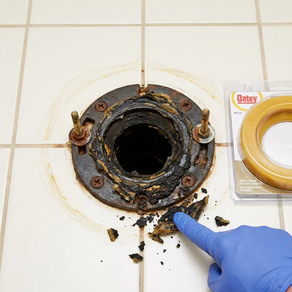 Failed wax ring showing water seepage at the base of a toilet in a Grove City, OH home