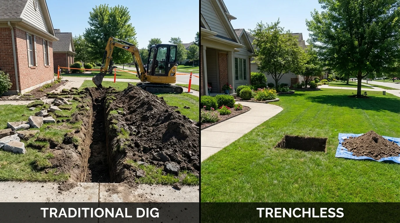 Trenchless sewer repair with minimal yard damage versus traditional excavation in Grove City, OH