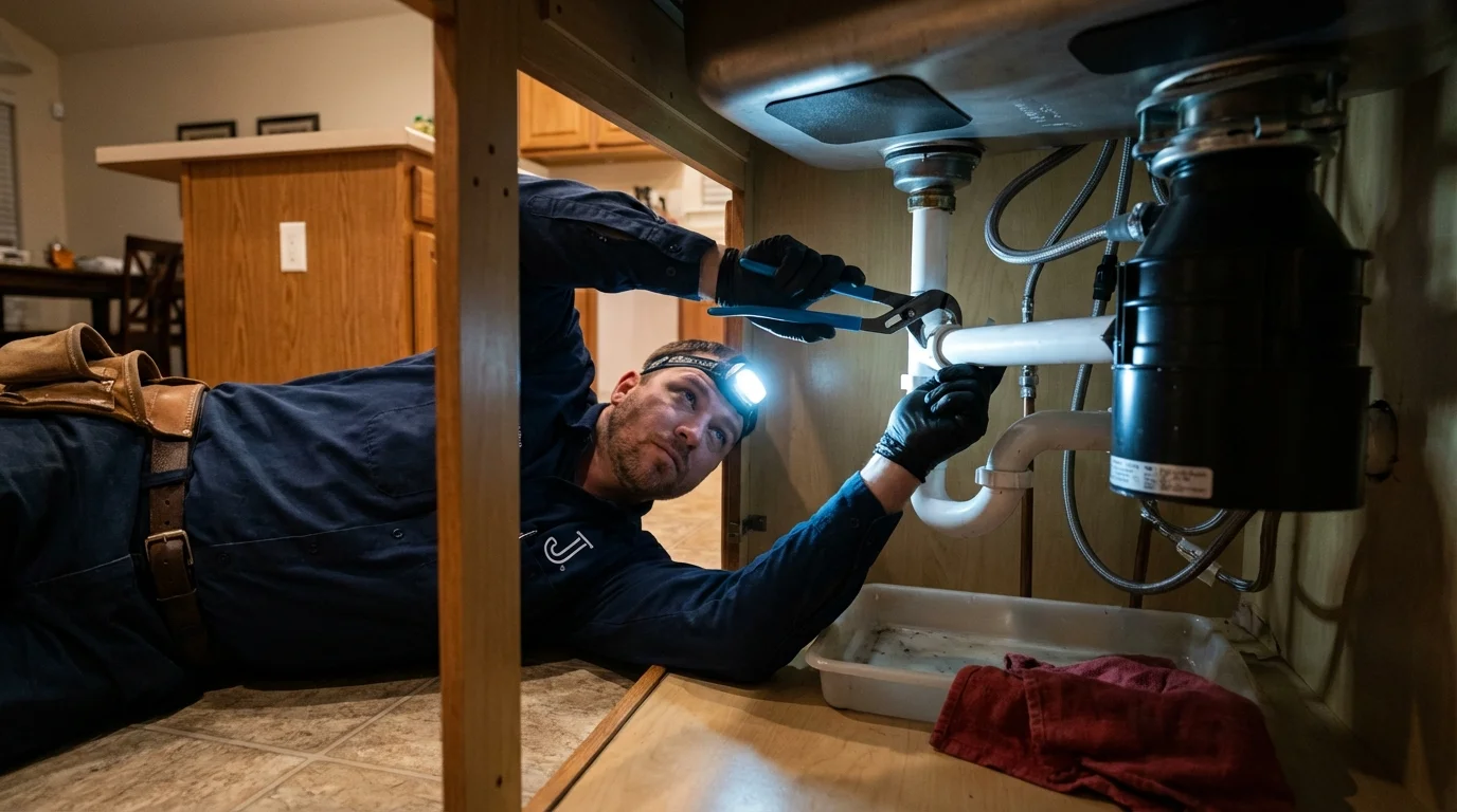 P-trap and supply line connections under a kitchen sink showing a common leak point in Grove City, OH